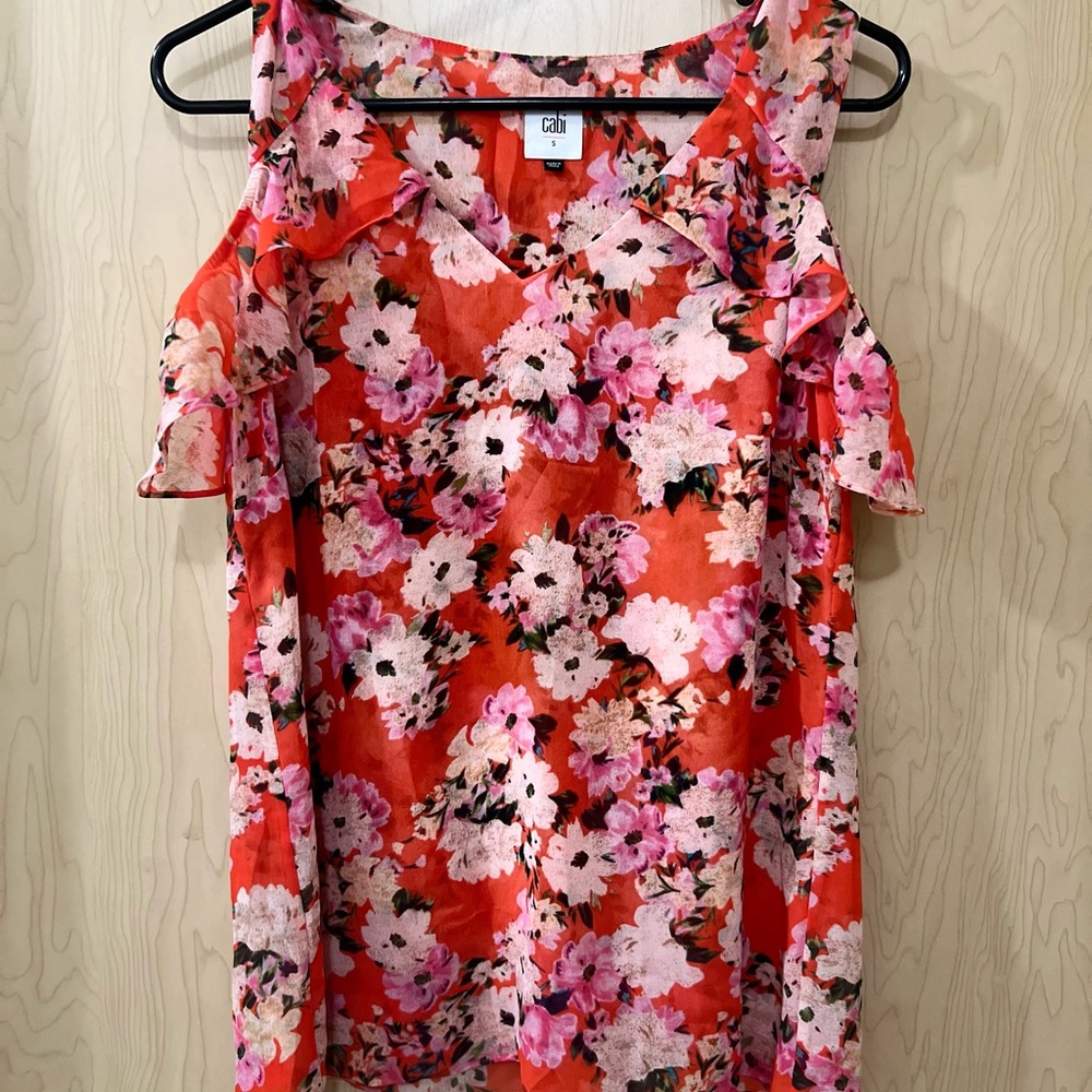Cabi Red and Pink Ruffled Floral Blouse